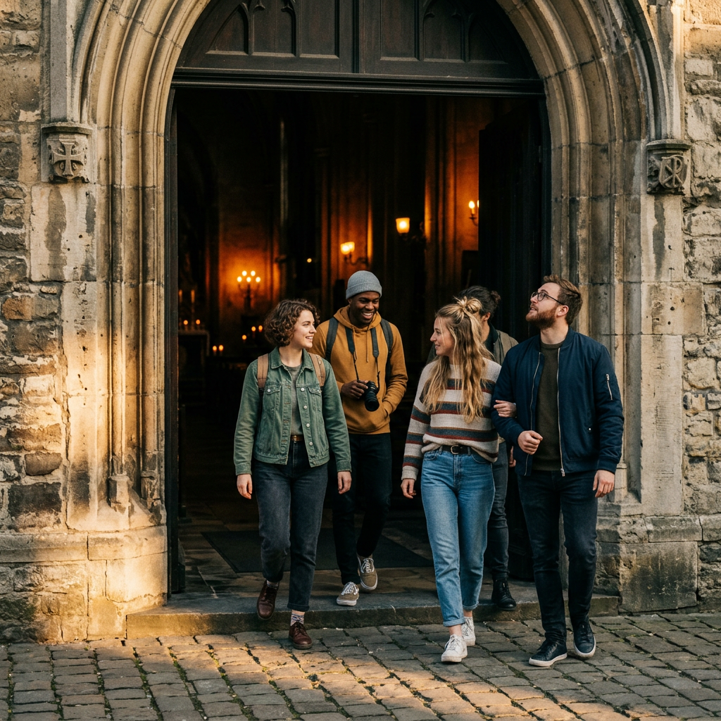 Group of four young adults exiting historic stone building entrance