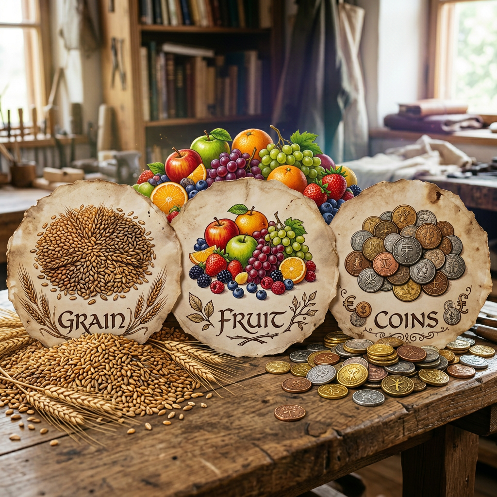 Wooden plaques labeled Grain, Fruit, and Coins with illustrations of seeds, assorted fruits, and coins.