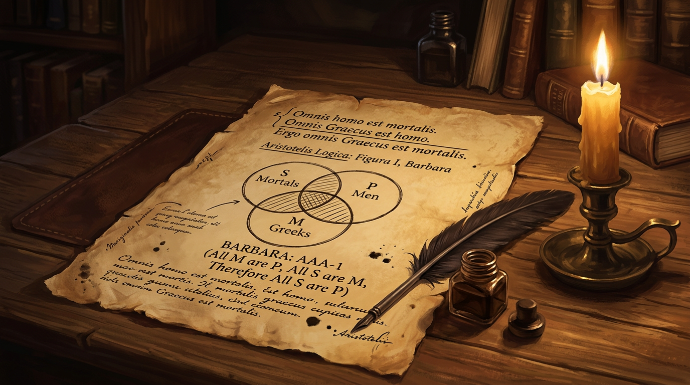 Parchment with Aristotelian logic text and Venn diagram next to quill, ink bottle, and lit candle