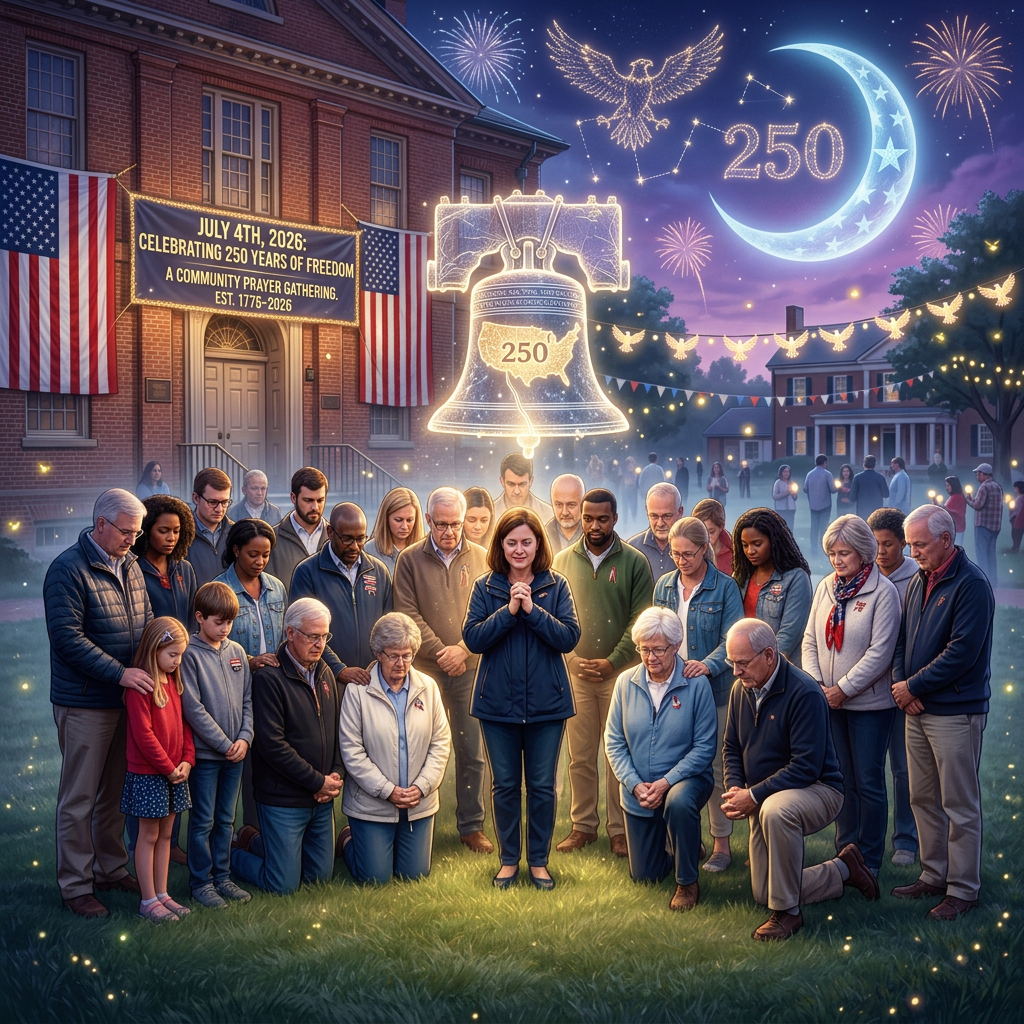 Group of people praying outside a brick building with American flags and a July 4th, 2026 banner