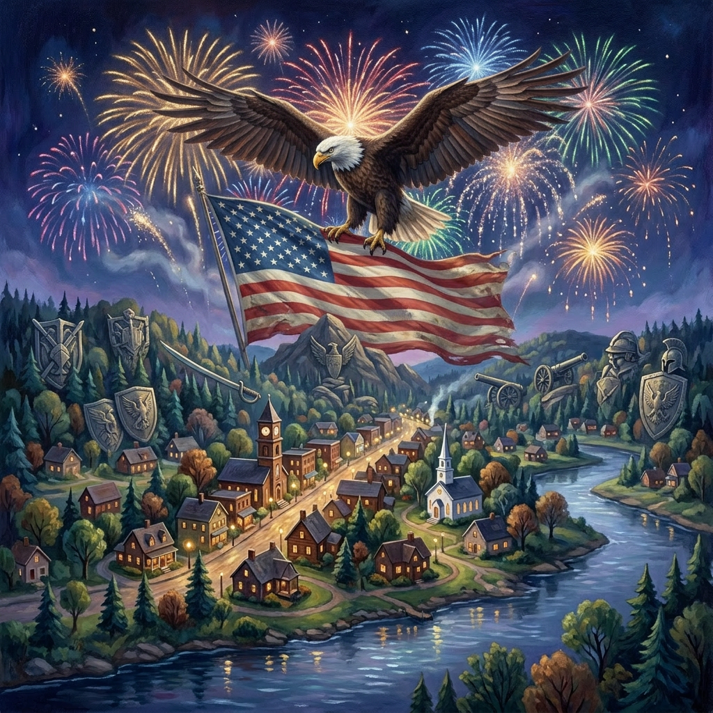 Fireworks exploding in various colors over a small town by a river at night