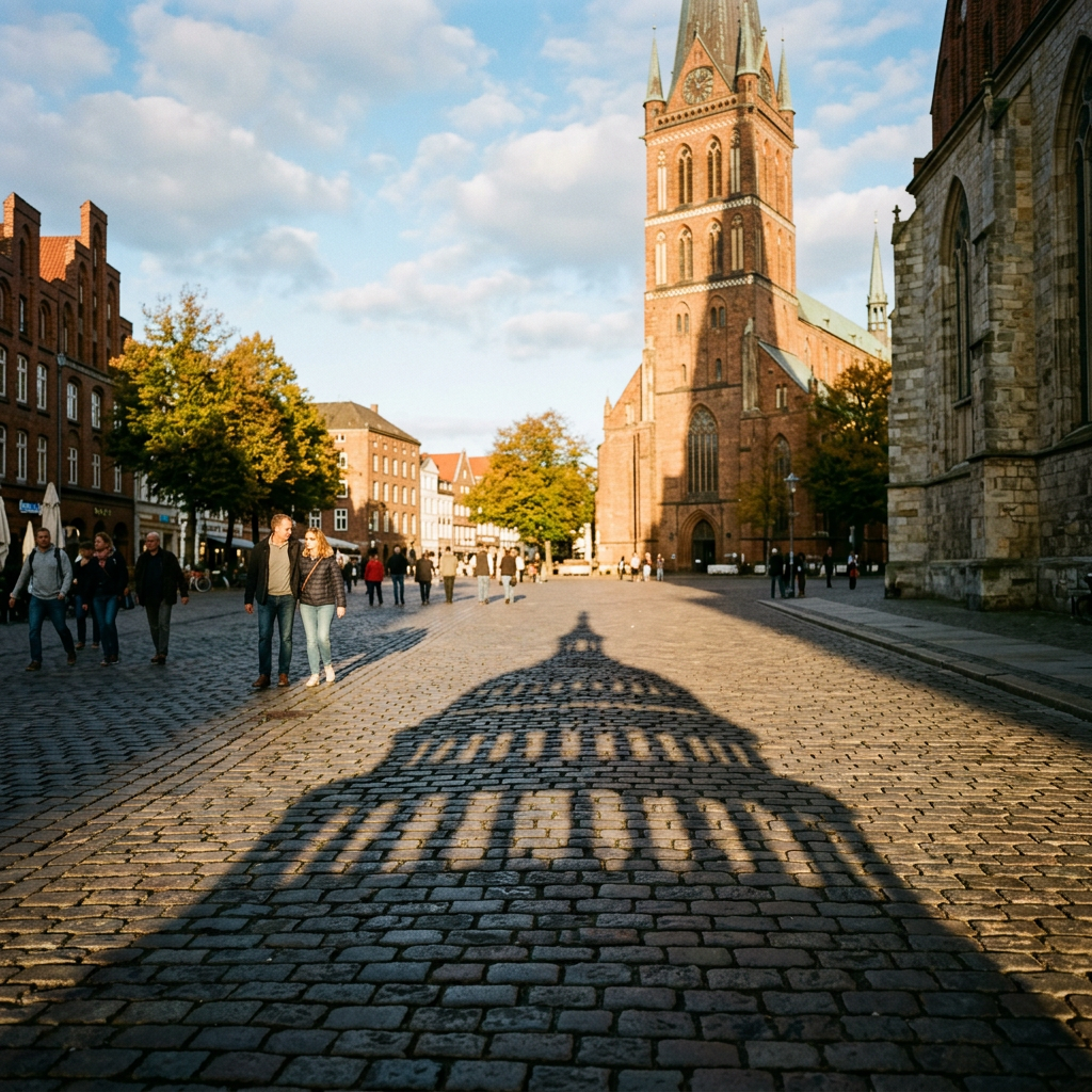 Cobblestone square with shadow of a cathedral dome and people walking nearby