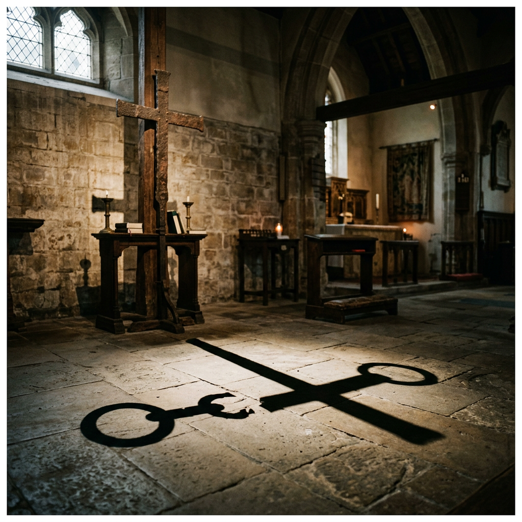 Wooden cross casting a shadow shaped like a key on stone floor in church interior
