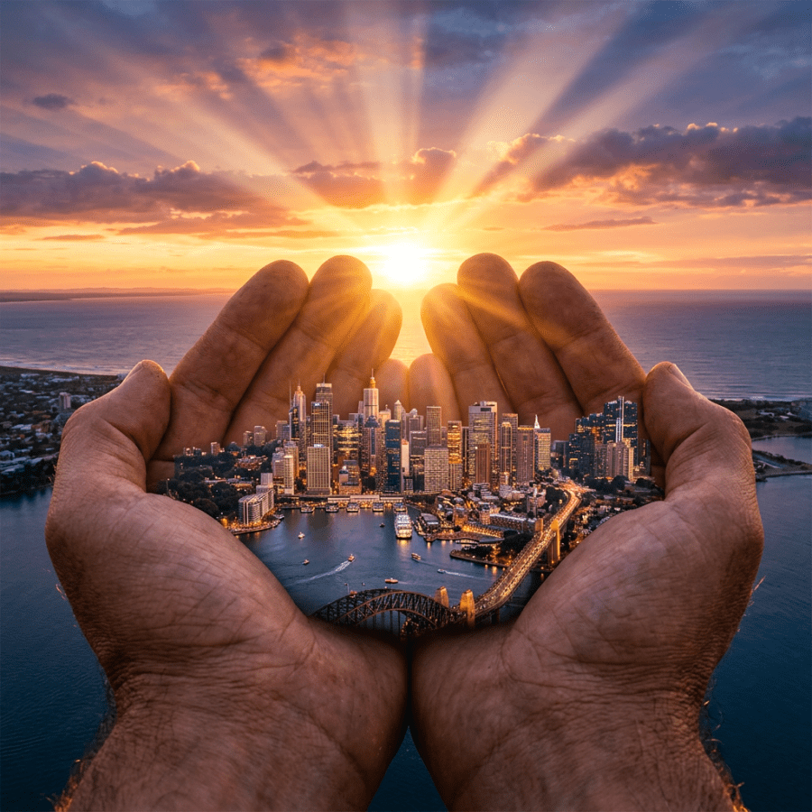 Hands cradling a city skyline with illuminated buildings and a bridge at sunset over water